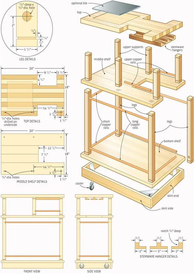 Sample woodworking plan showing exploded assembly view, leg and shelf detail drawings with dimensions, plus front and side elevations